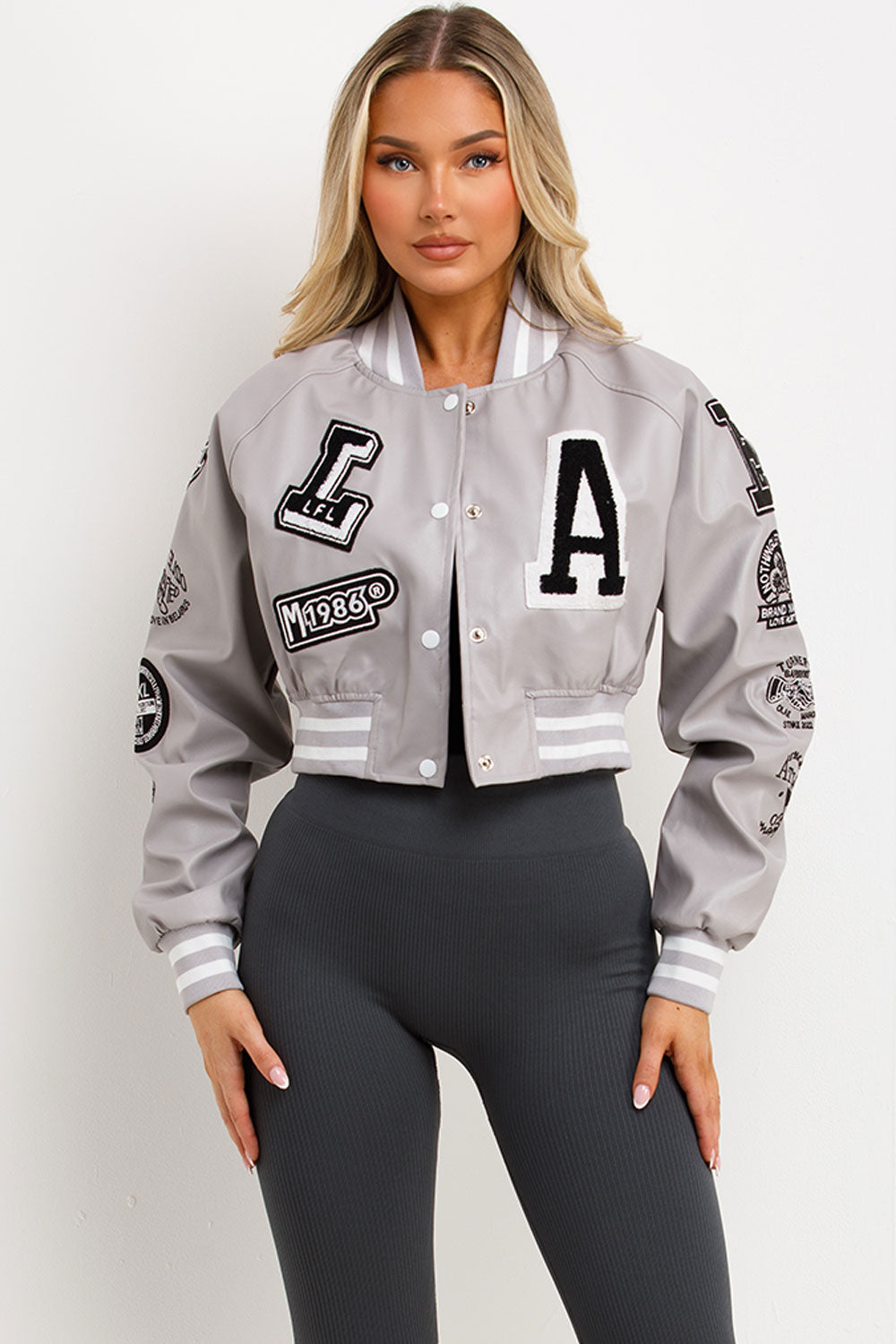 womens faux leather crop bomber jacket
