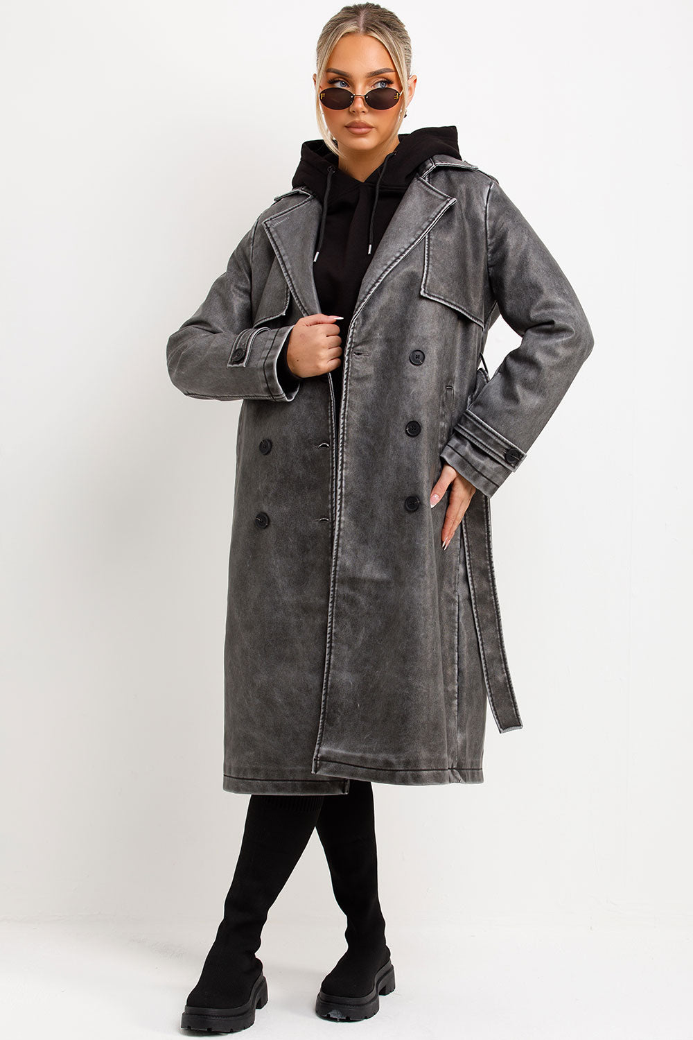 womens longline faux leather trench coat styledup