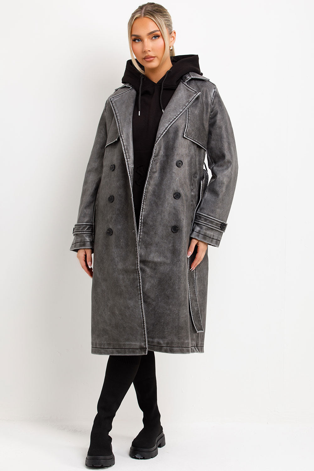 long trench coat faux leather womens