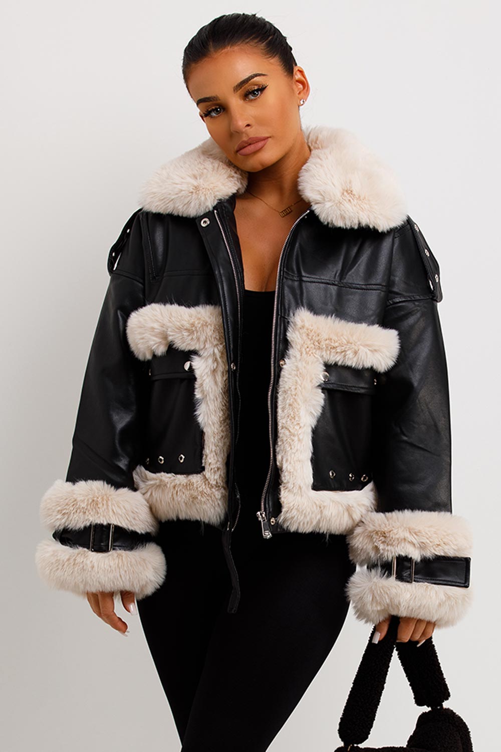 zara faux fur faux leather aviator jacket