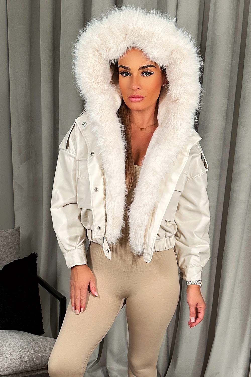 pu leather fur trim hooded bomber jacket