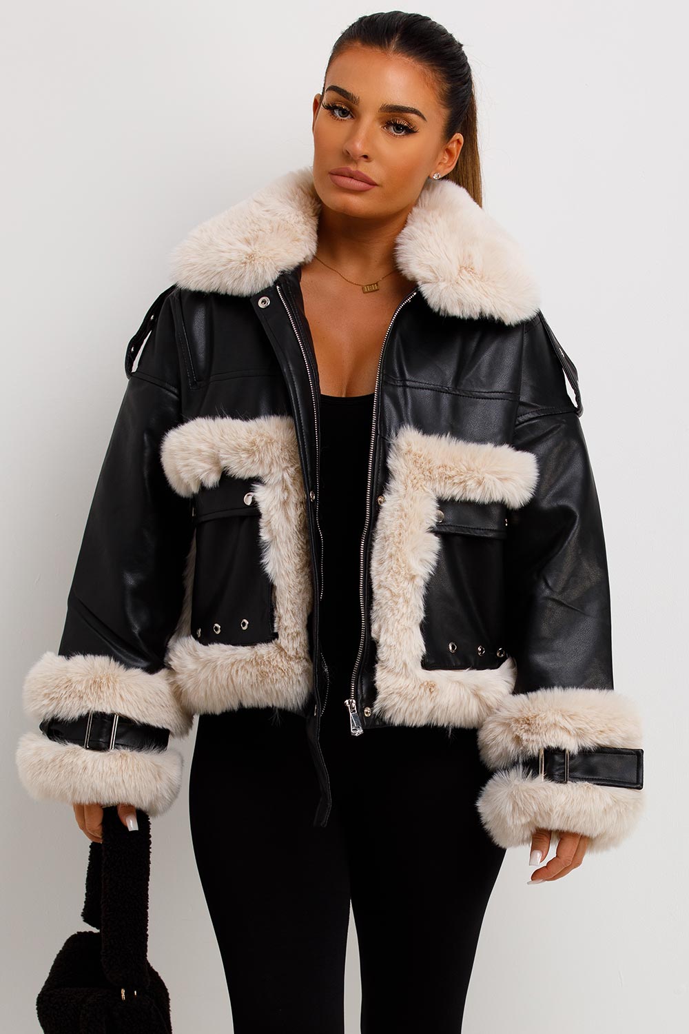 fur trim faux leather jacket zara womens