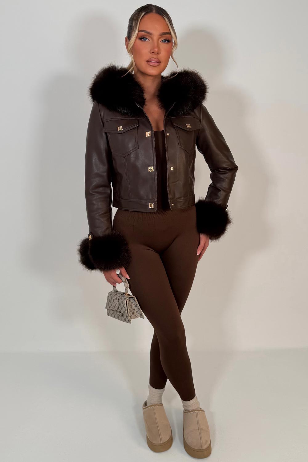 faux fur hood faux fur cuff faux leather jacket with gold buttons styledup uk