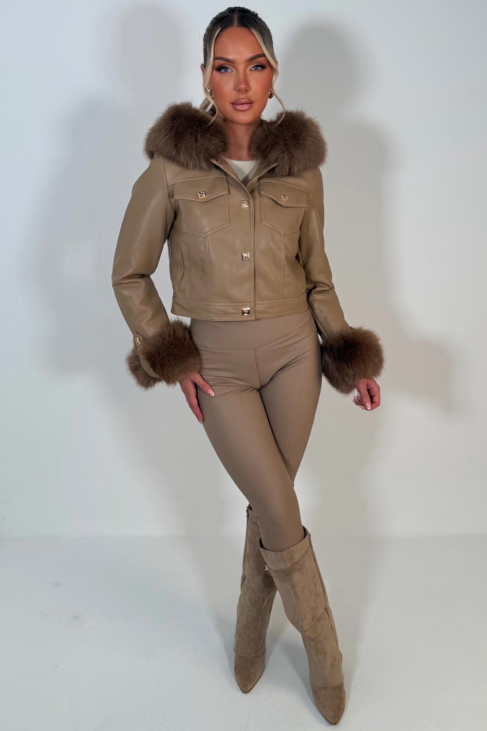 faux fur hood faux fur cuff faux leather jacket with gold buttons styledup uk