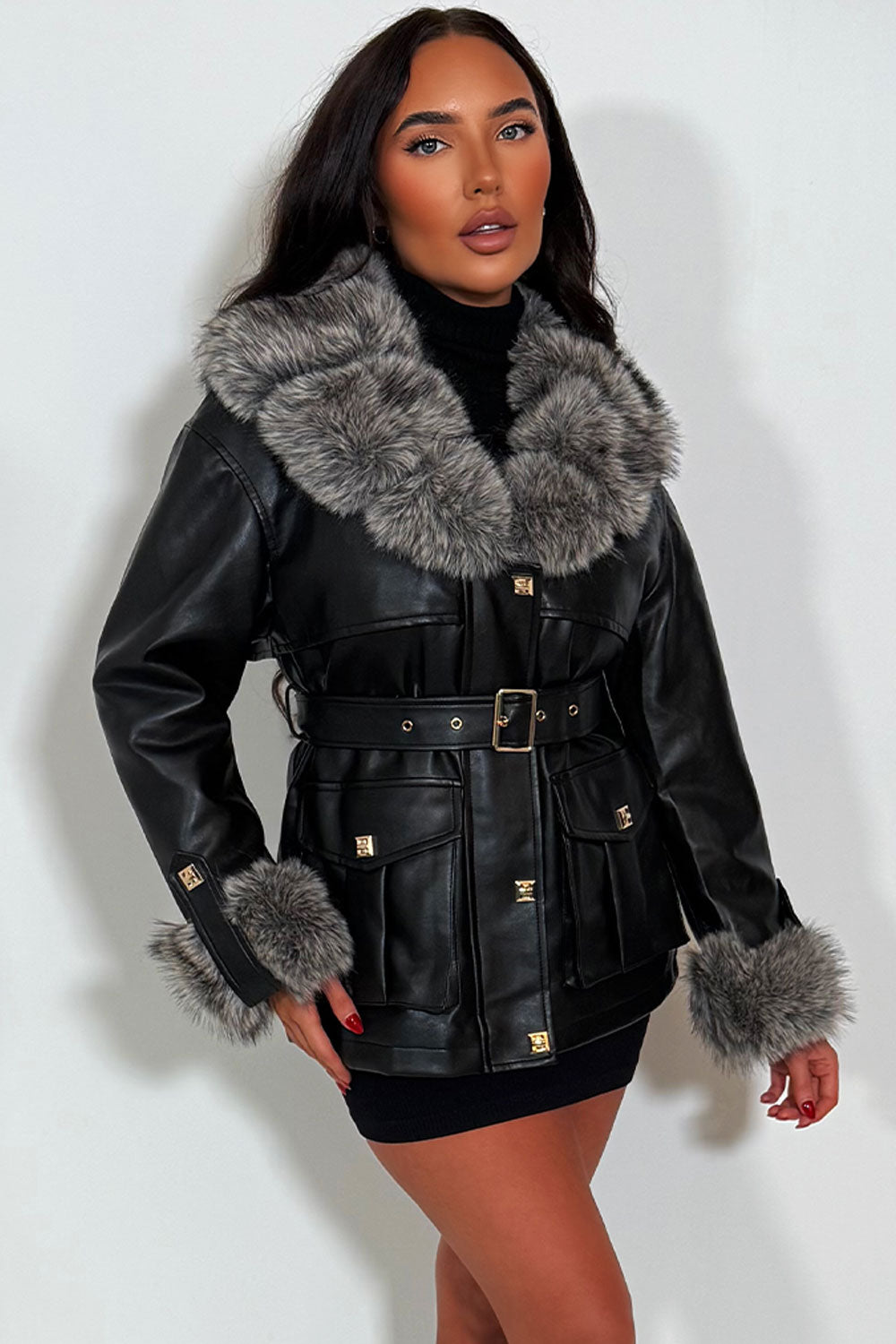 womens faux fur cuff collar faux leather winter jacket with belt faux fur lined for styledup