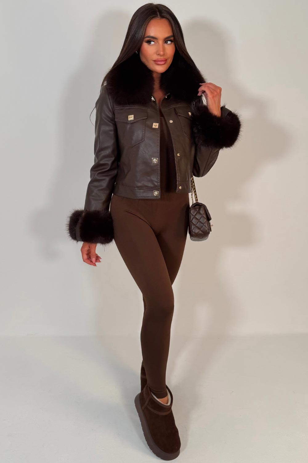 faux fur cuff faux fur collar faux leather bomber jacket with gold buttons for womens styled up