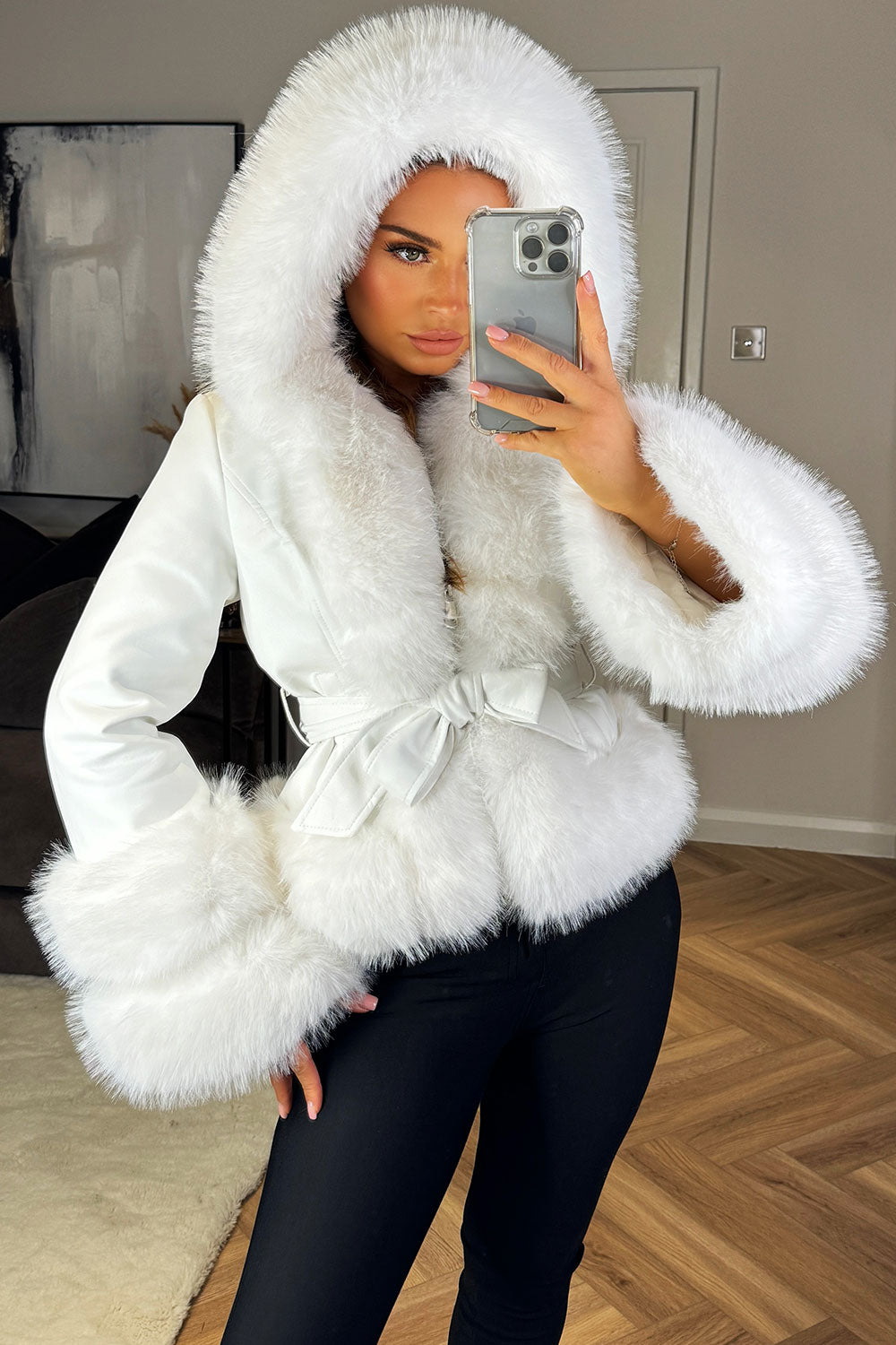 fur hood short coat with belt womens