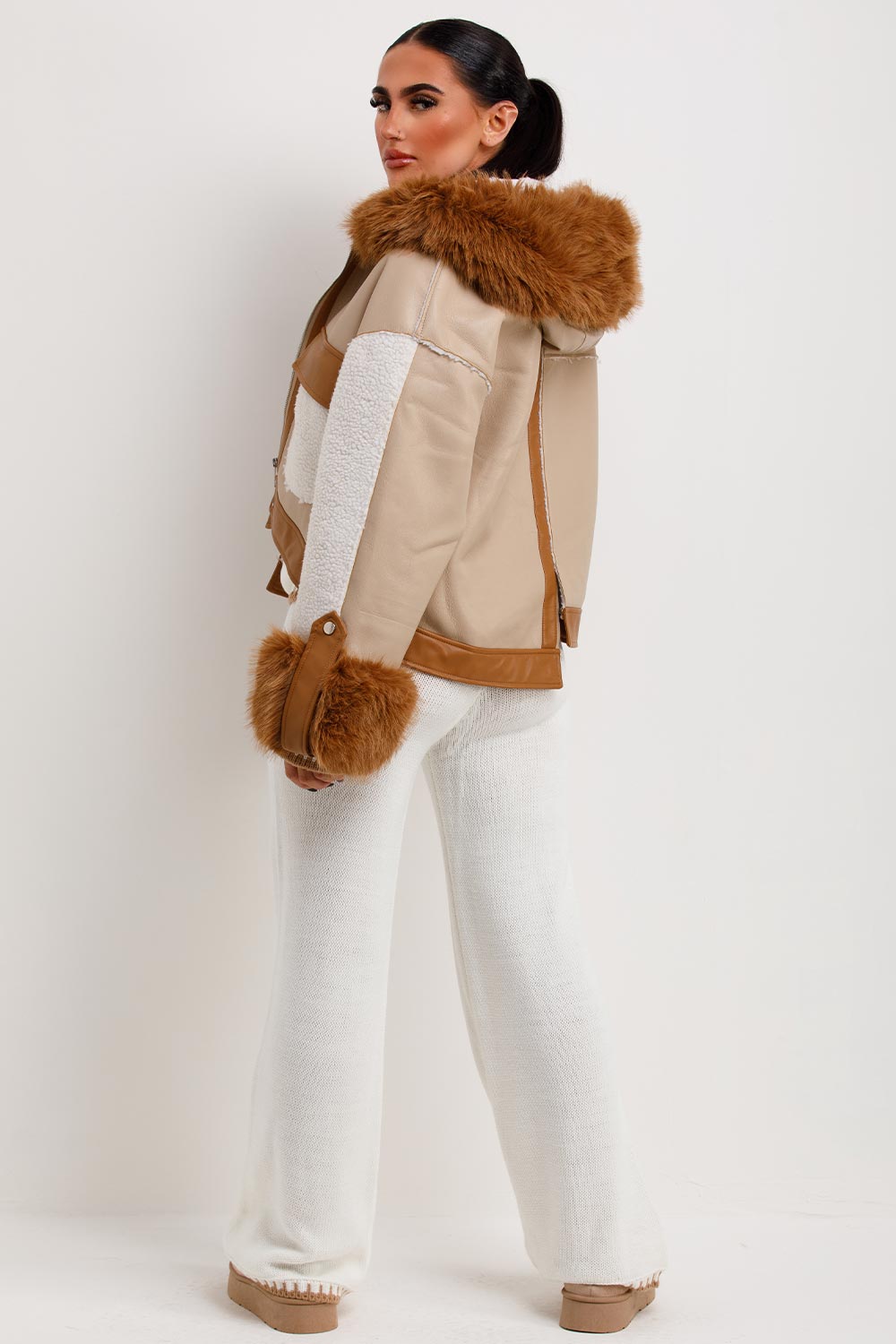 shearling faux leather faux fur jacket womens