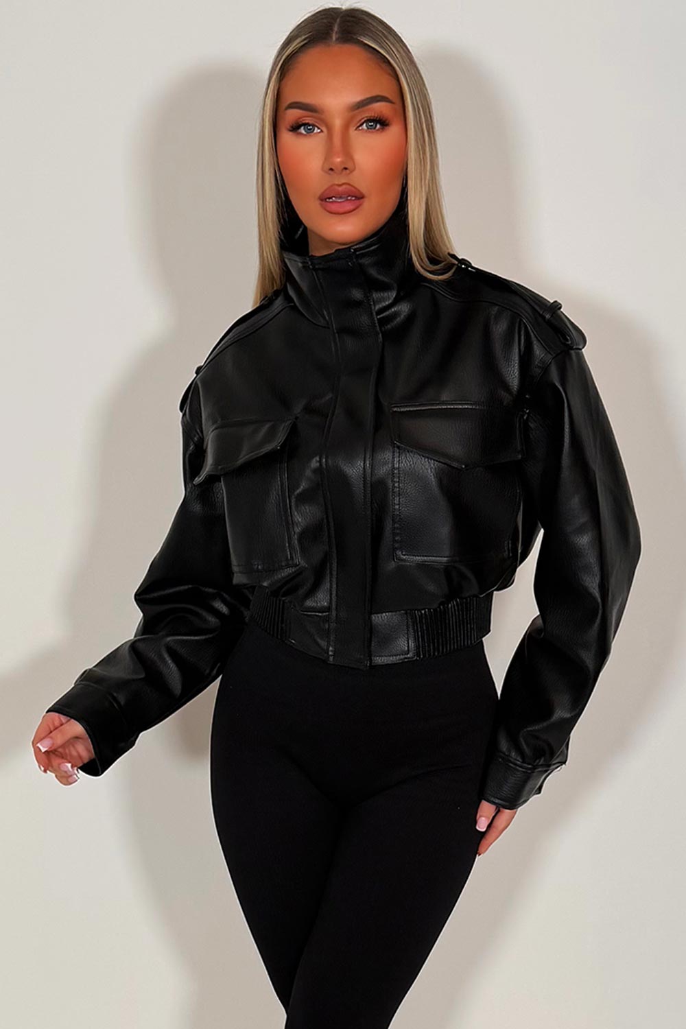 womens zara faux leather jacket with front pockets styledup