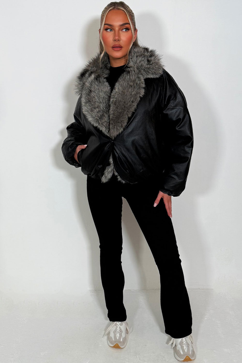 Black Bomber Jacket With Faux Fur Collar And Trim