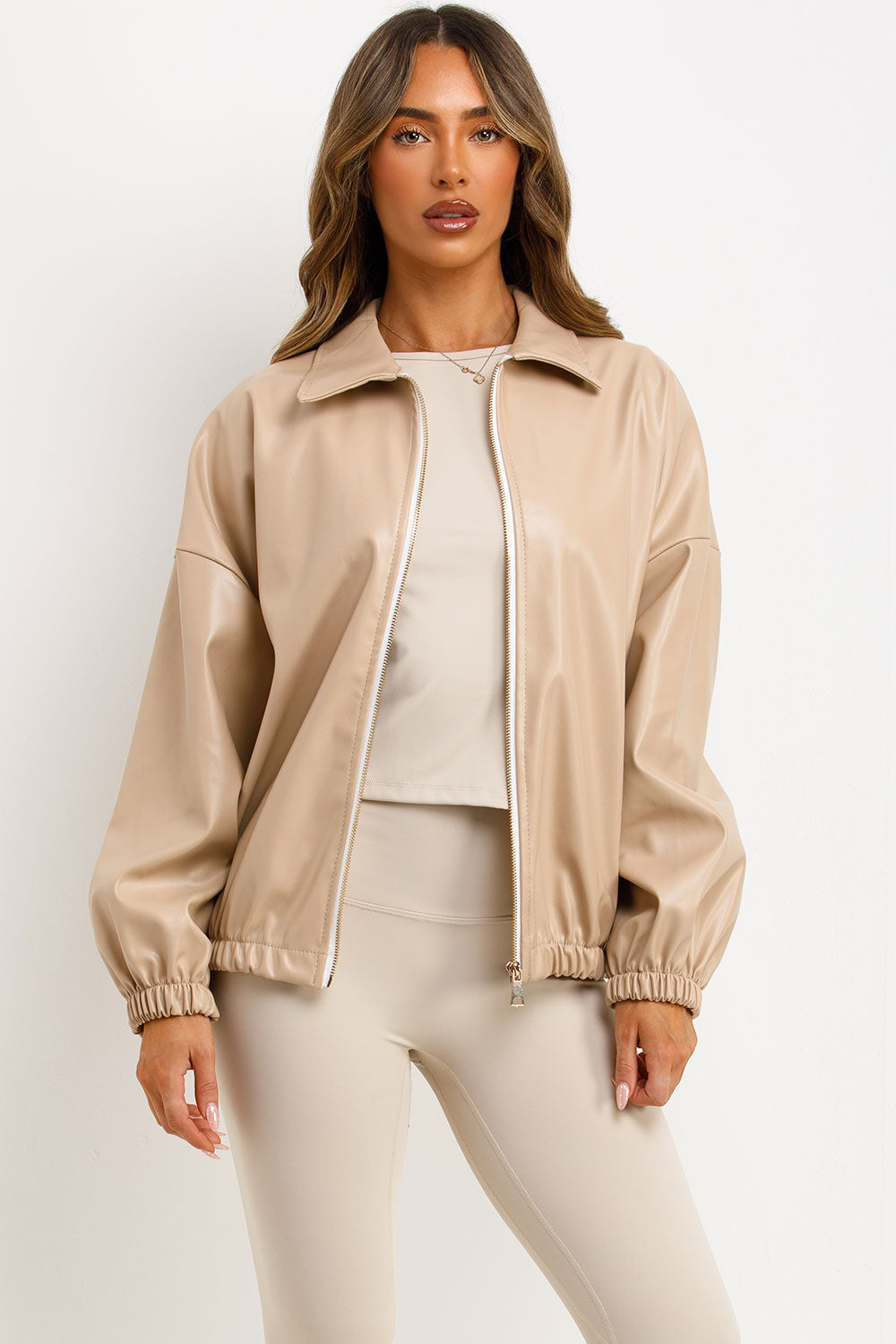 womens long sleeve vegan leather bomber jacket zara uk