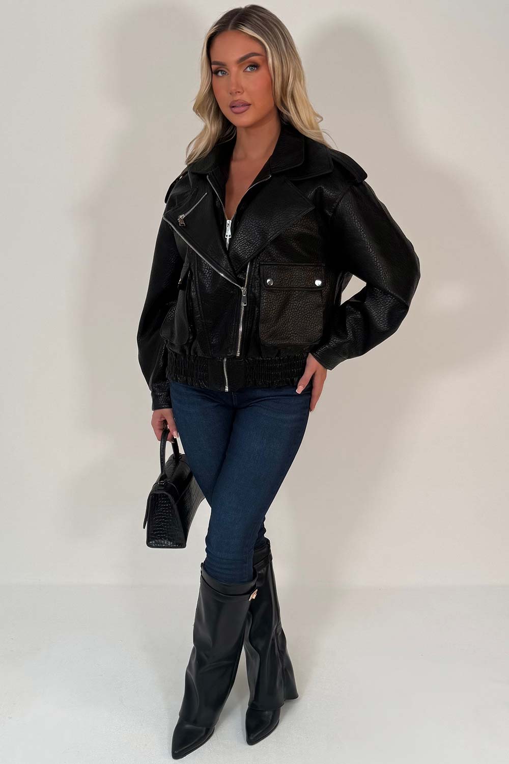 zara womens black faux leather aviator jacket styledup uk