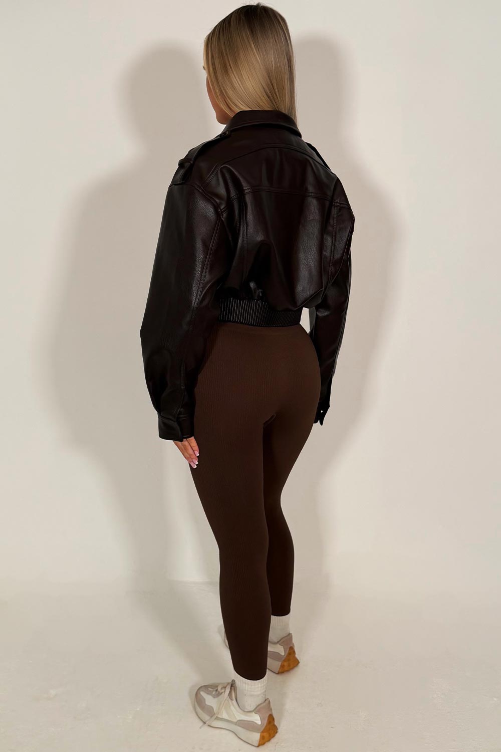 womens zara faux leather jacket with front pockets brown styledup