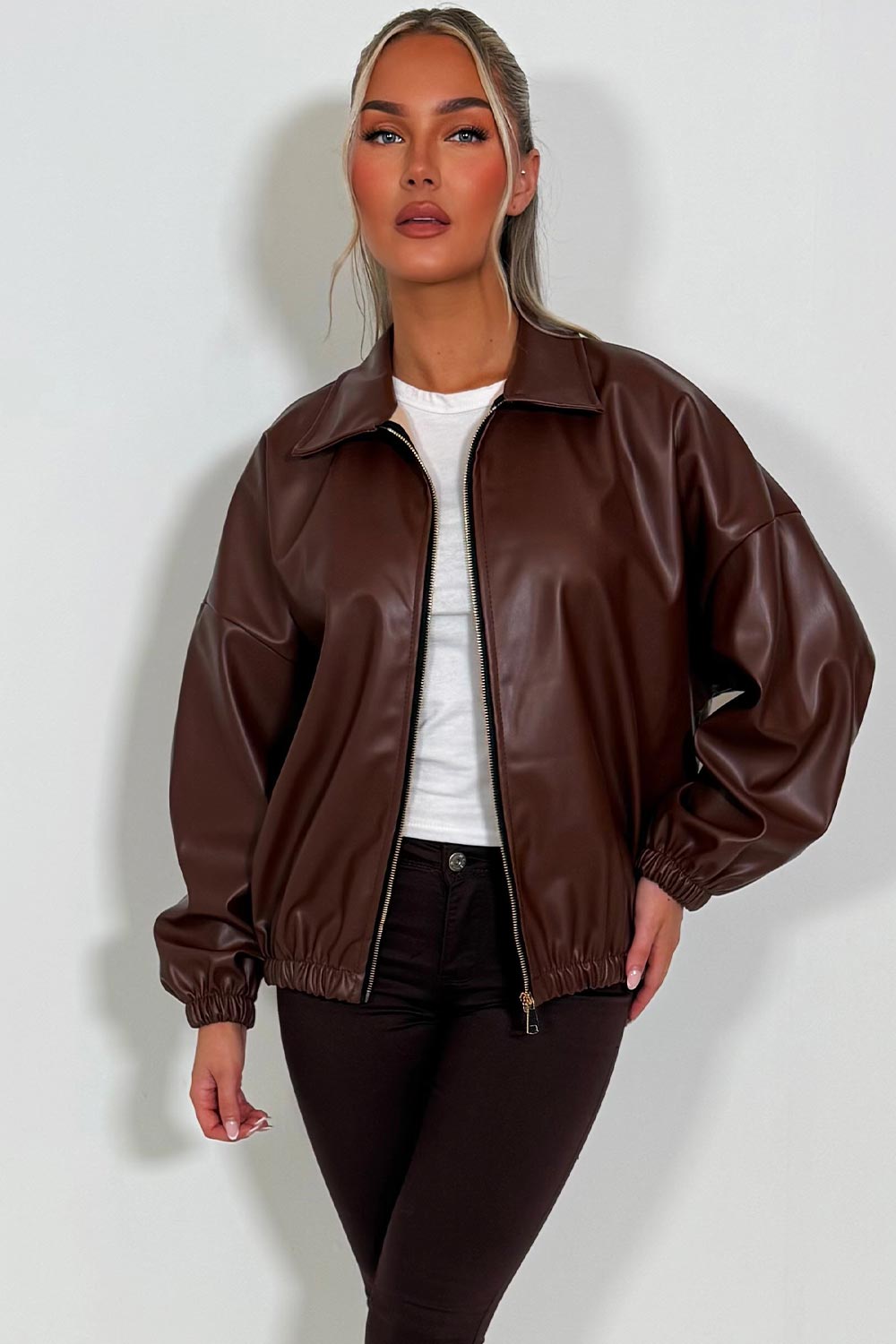 zara womens faux leather bomber jacket styledup