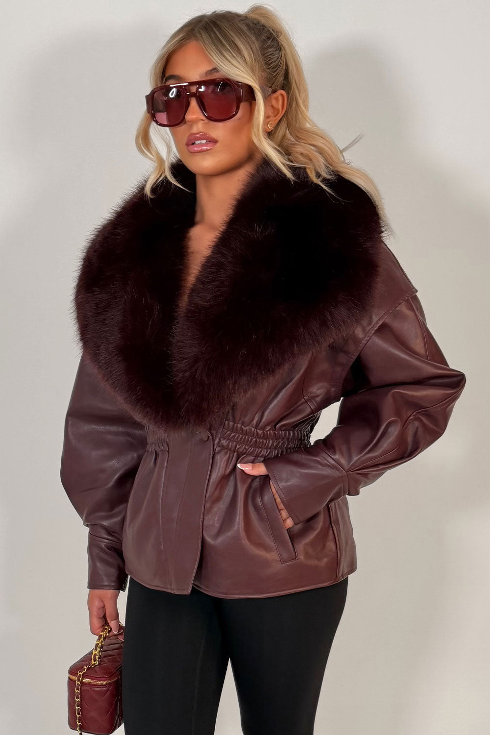 womens burgundy faux fur faux leather jacket uk