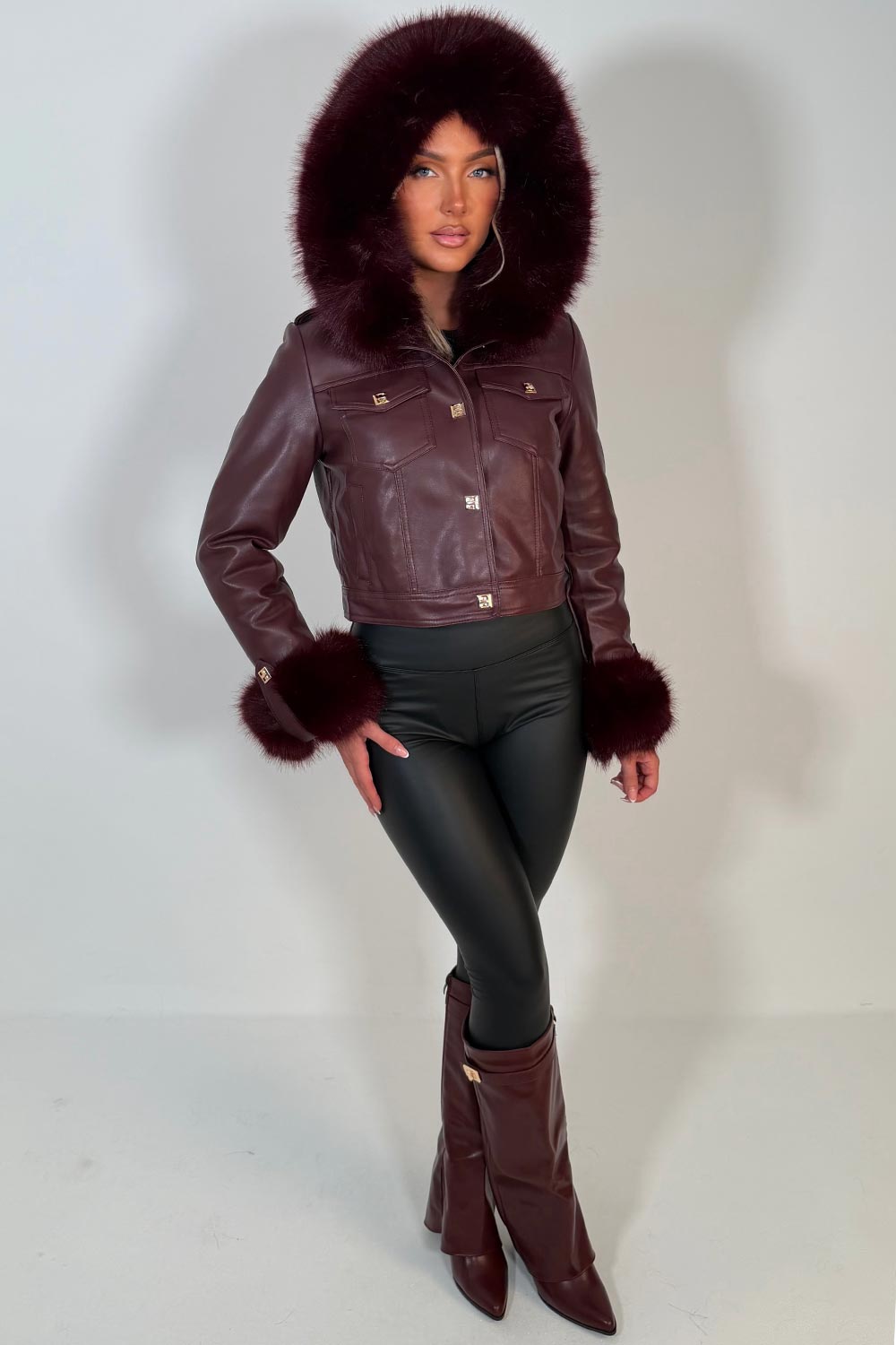 womens burgundy faux fur cuff faux fur hood faux leather jacket with gold buttons styledup uk