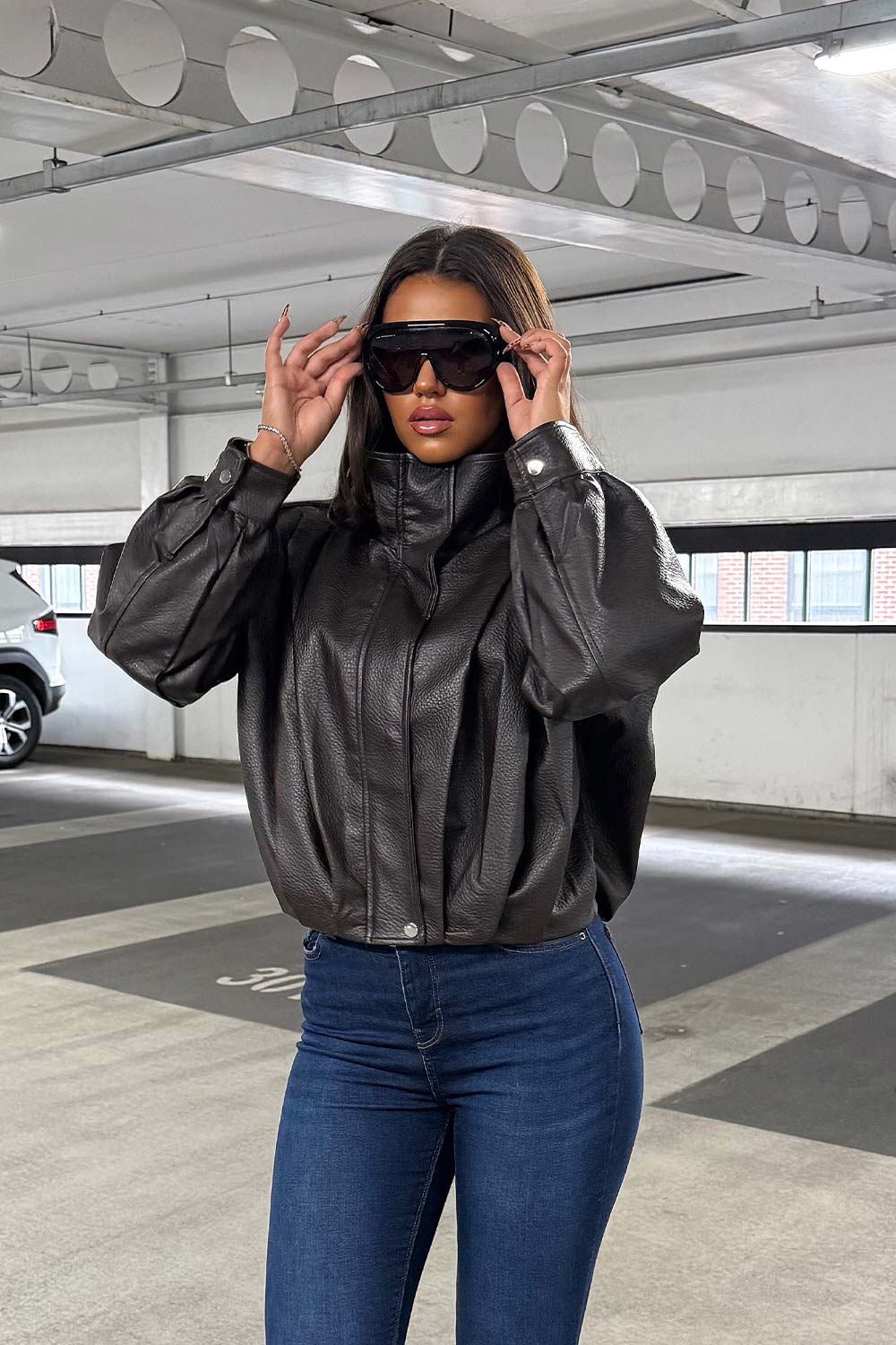 brown faux leather jacket with funnel neck zara uk