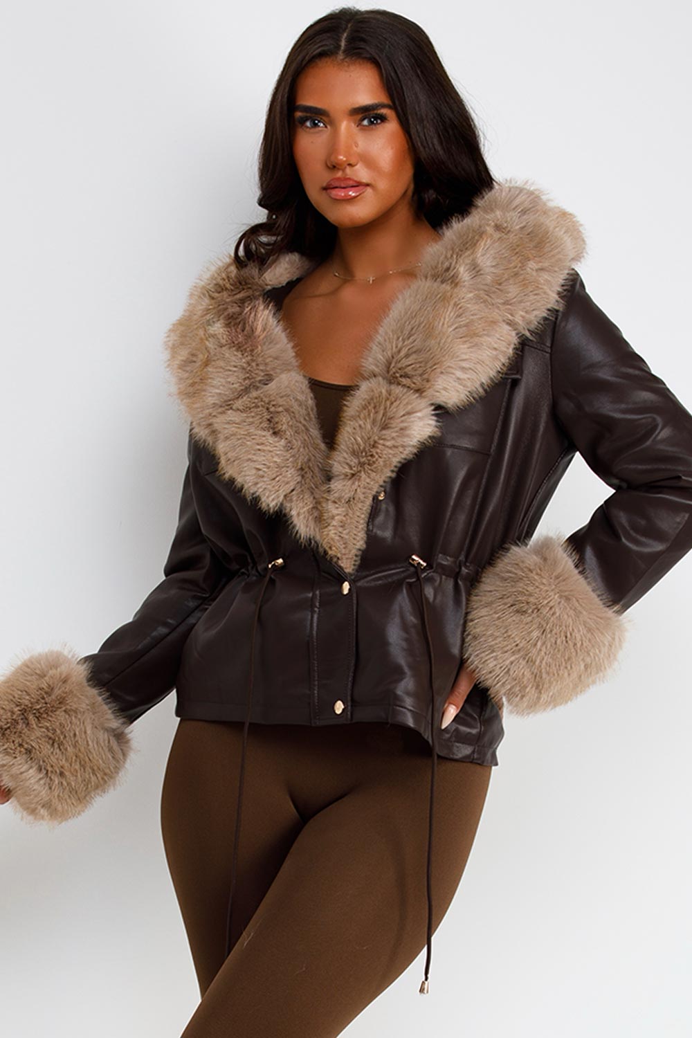 leather effect faux fur hood and cuff winter jacket with adjustable waist womens trendy outerwear styledup uk