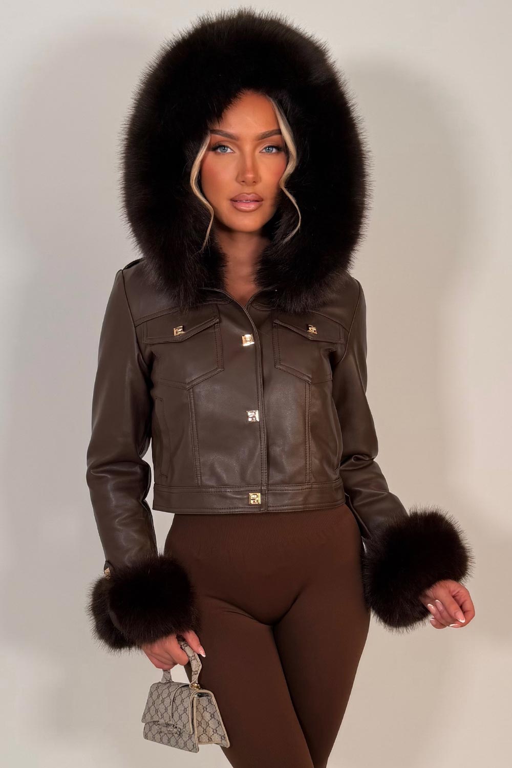 womens faux fur hood fau leather bomber jacket with gold buttons christmas party night out outerwear styledup uk