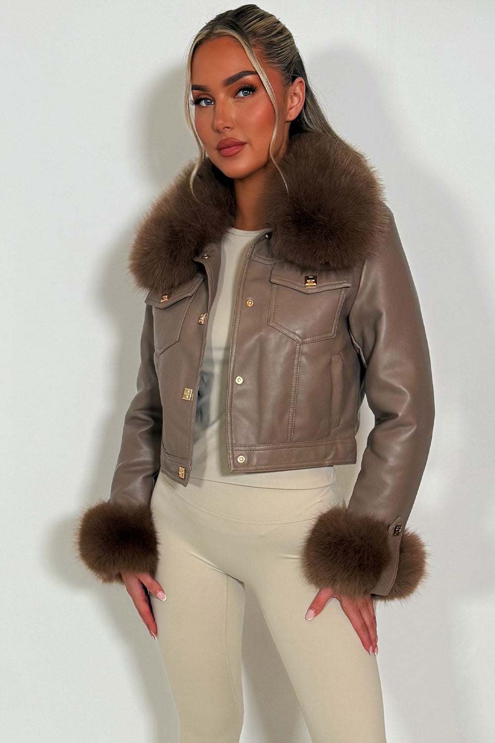 faux fur cuff faux fur collar faux leather bomber jacket with gold buttons for womens styled up