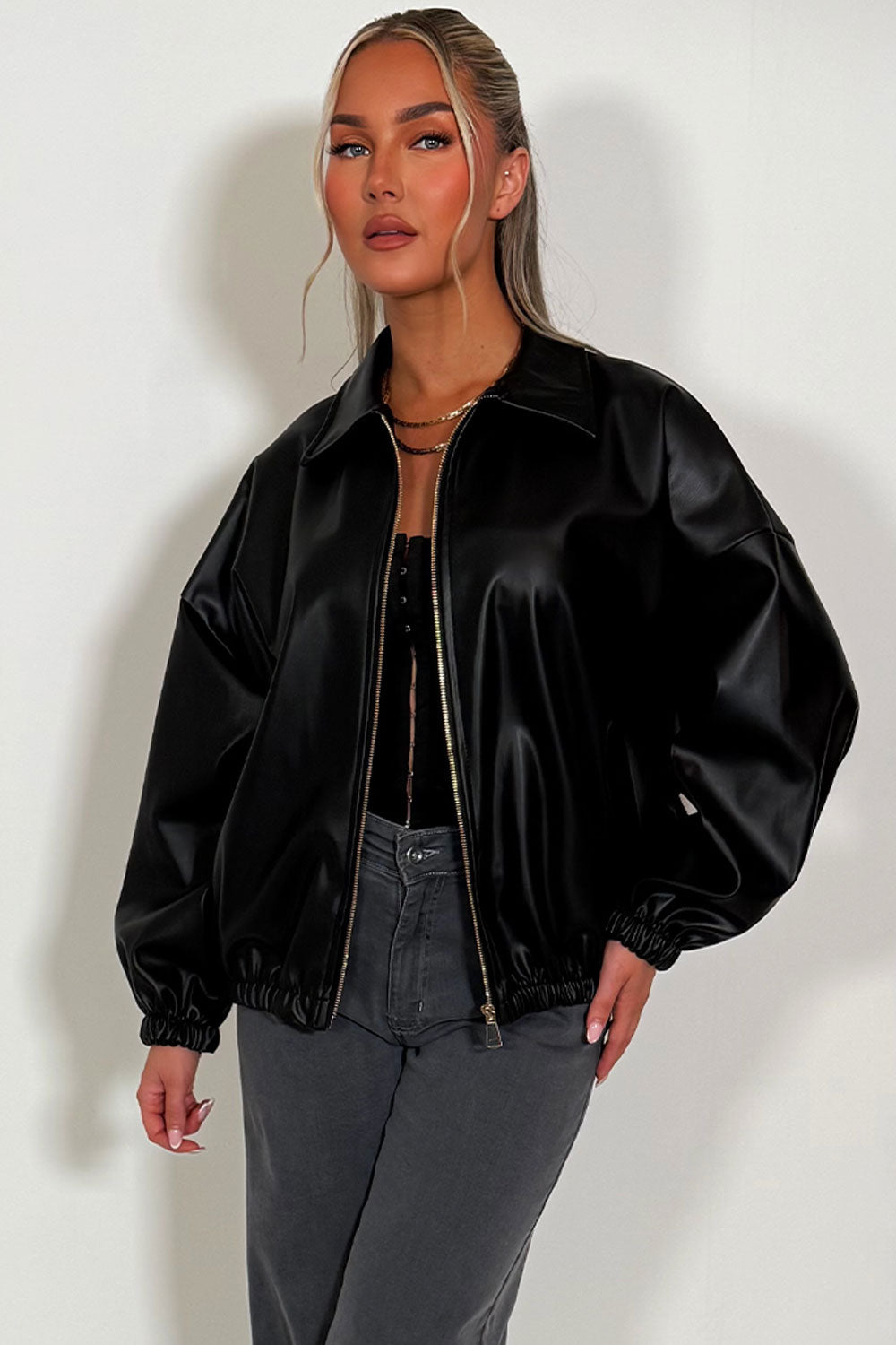 zara womens faux leather bomber jacket with long sleeves