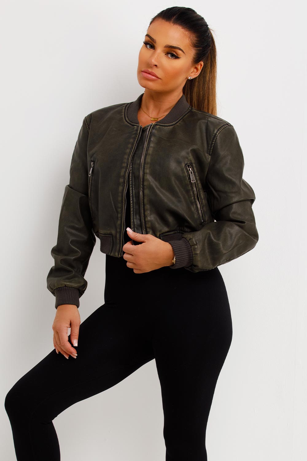 faux leather zara bomber jacket faded khaki womens
