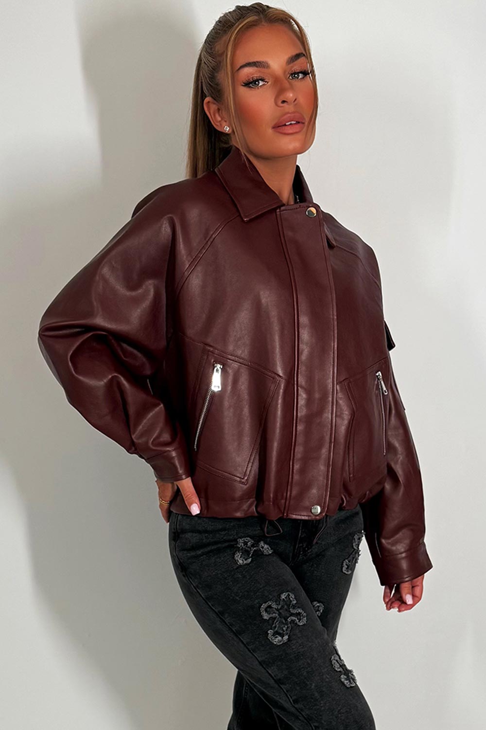 womens faux leather zara jacket burgundy styledup