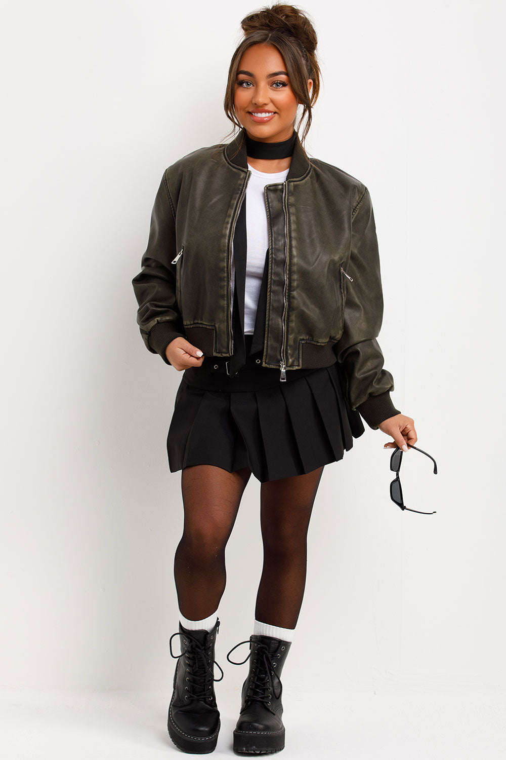 womens distressed faux leather bomber jacket charcoal styledup