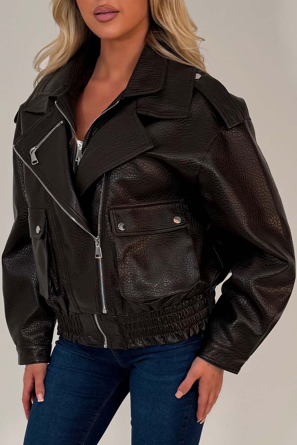 womens faux leather aviator bomber jacket brown styledup