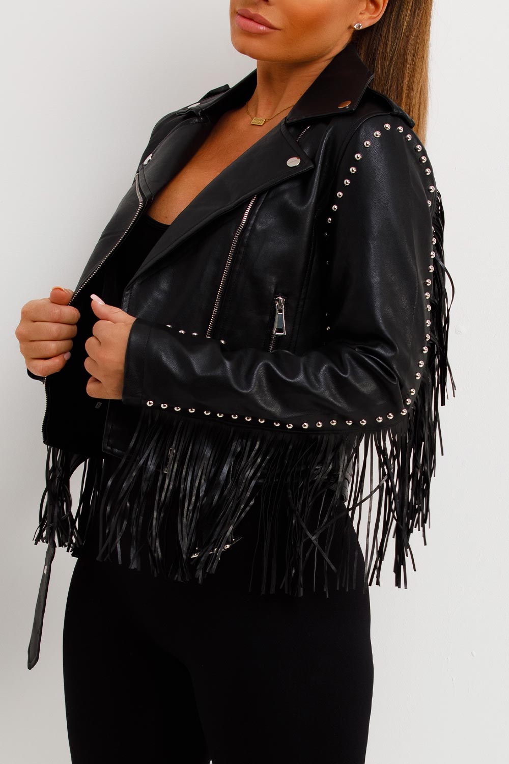 womens fringed faux leather biker jacket