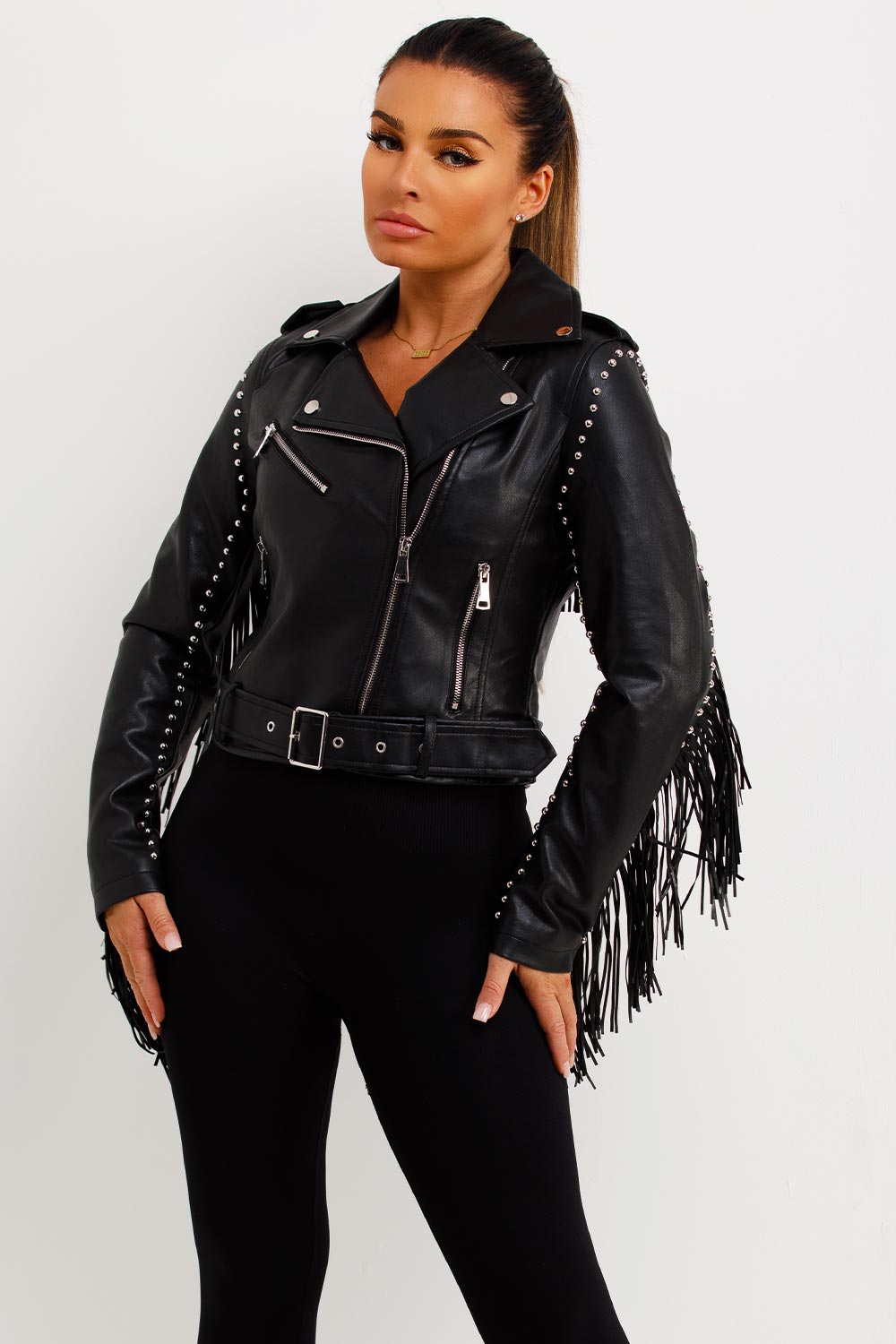faux leather tassels biker jacket