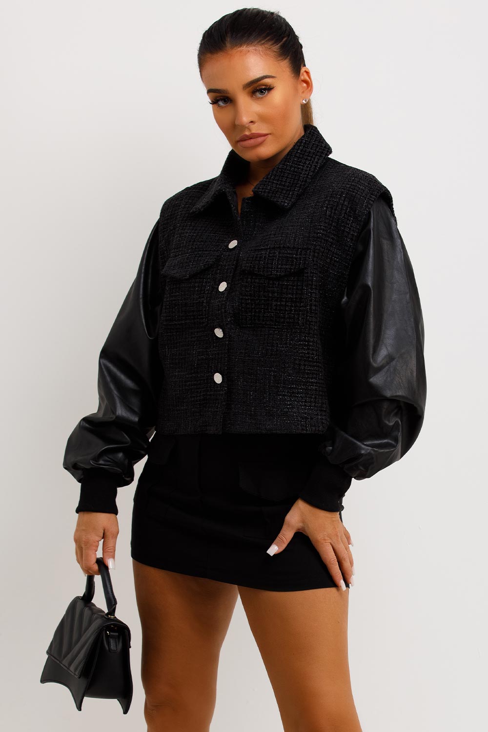 womens tweed bomber jacket with faux leather sleeves