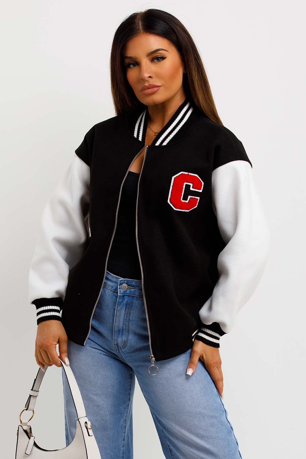 womens varsity bomber jacket with letter c