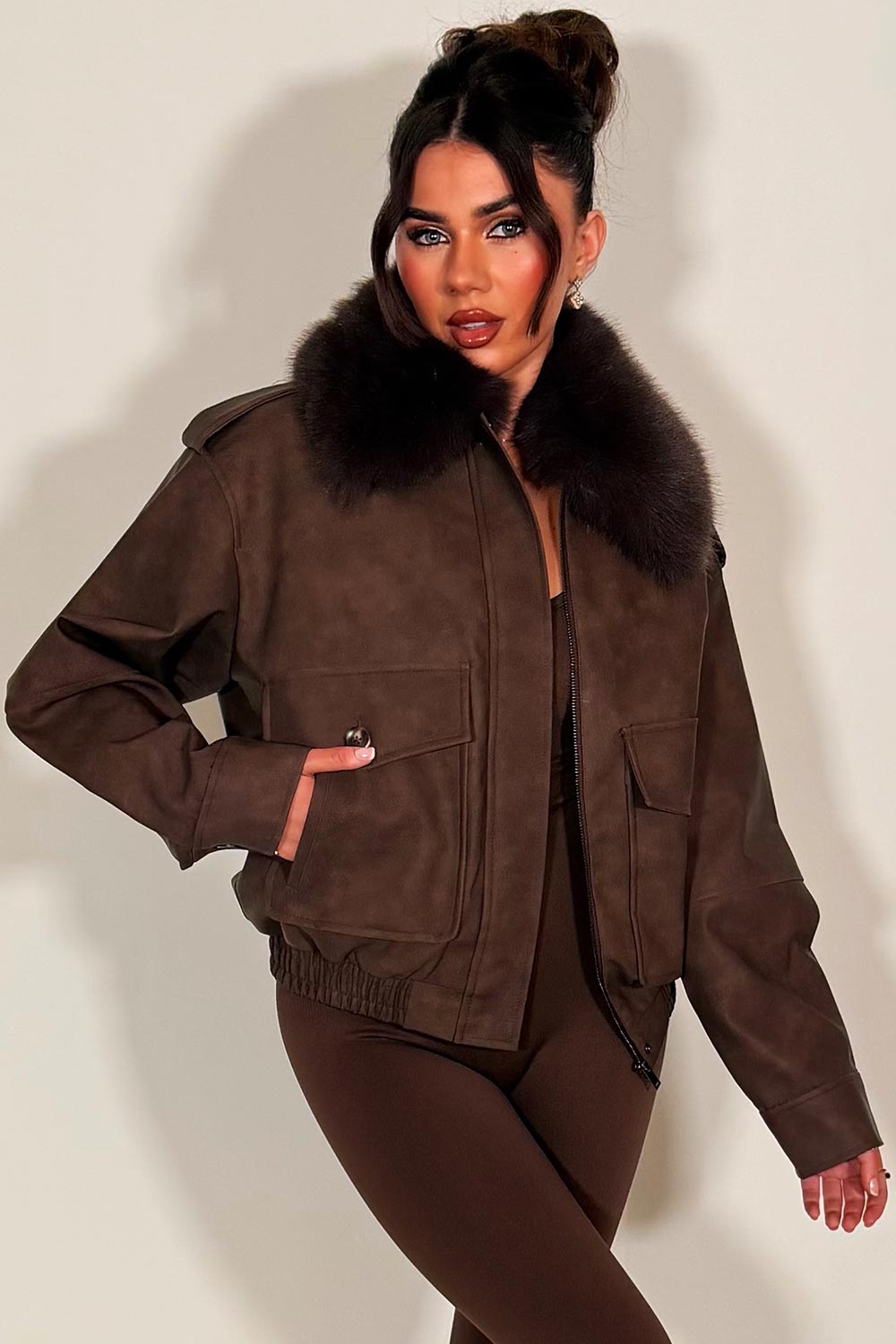 zara womens faux suede faux fur collar winter jacket brown styledup