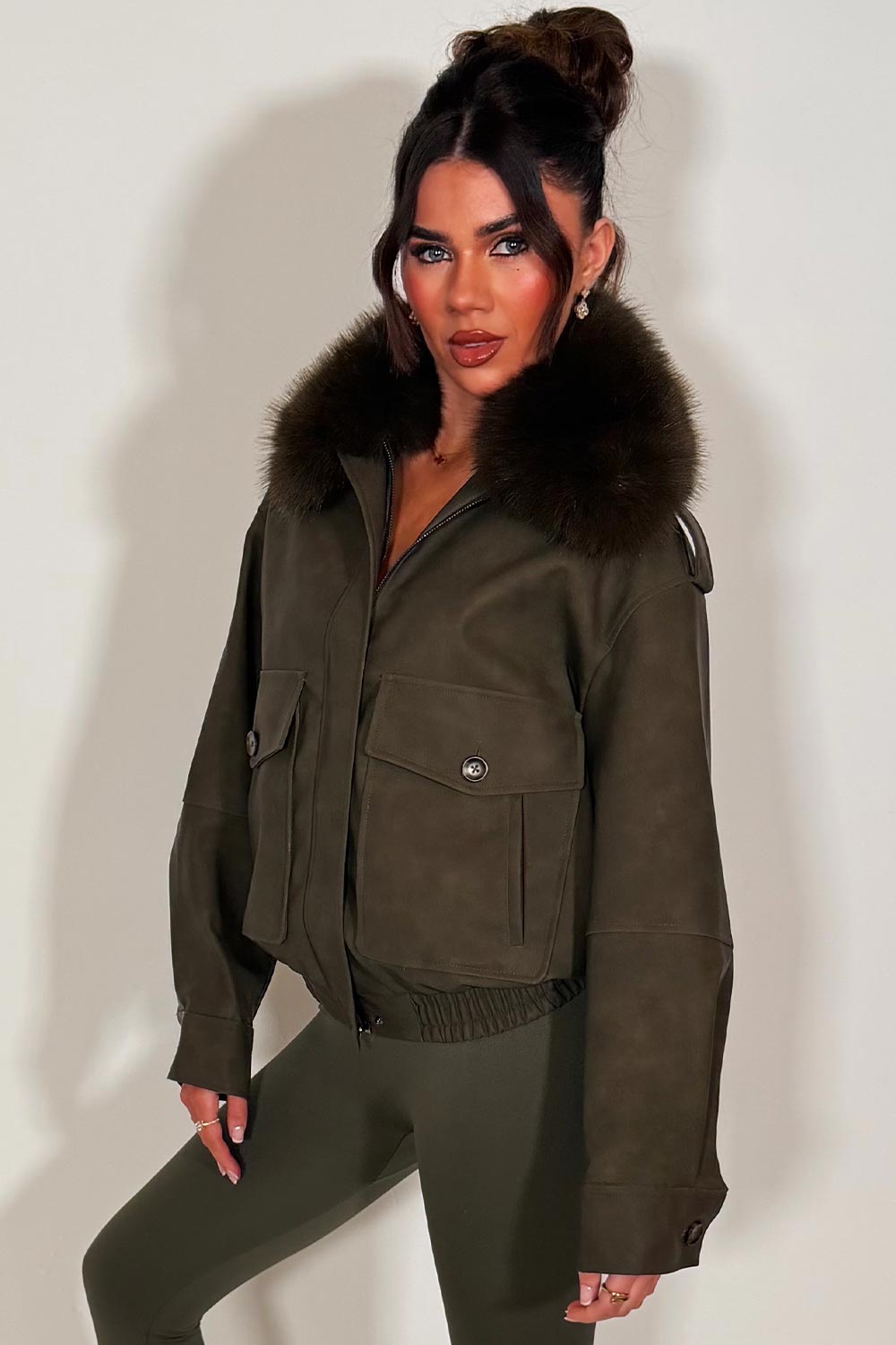 womens faux suede jacket with faux fur collar khaki styledup
