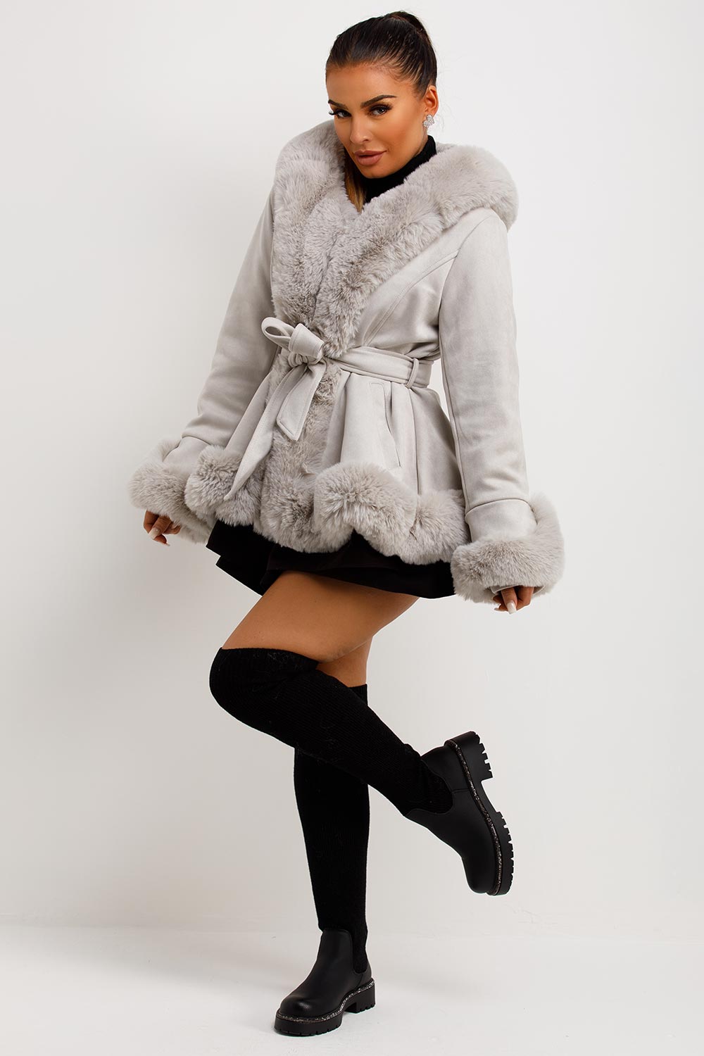 faux fur faux suede hooded coat grey