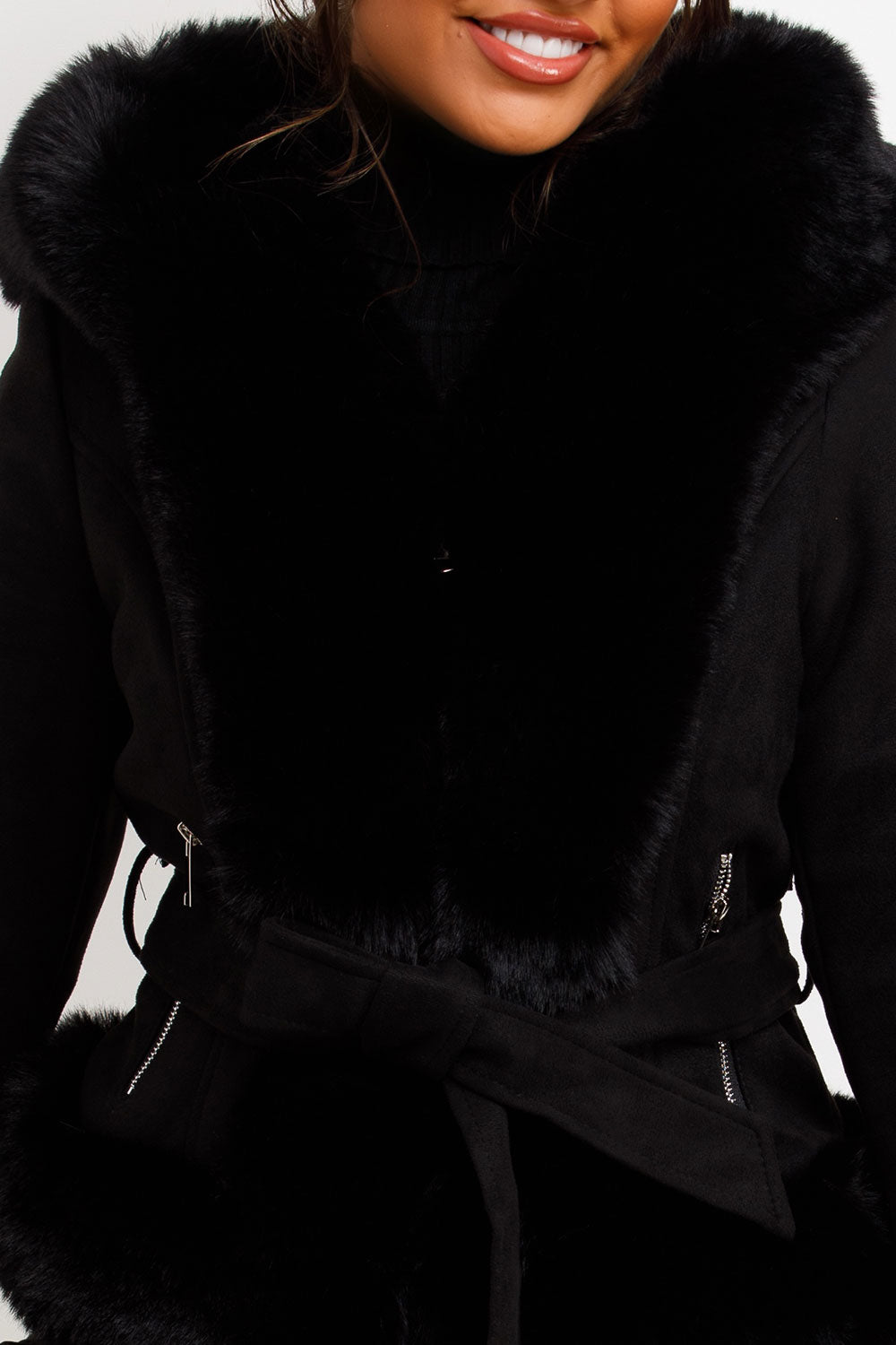 faux fur hood belted jacket