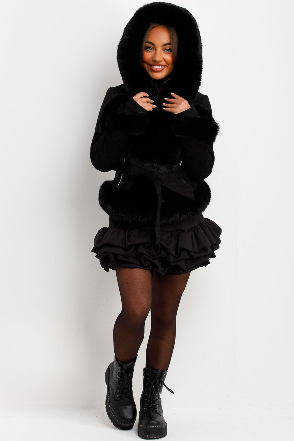 fur hood jacket with cuff