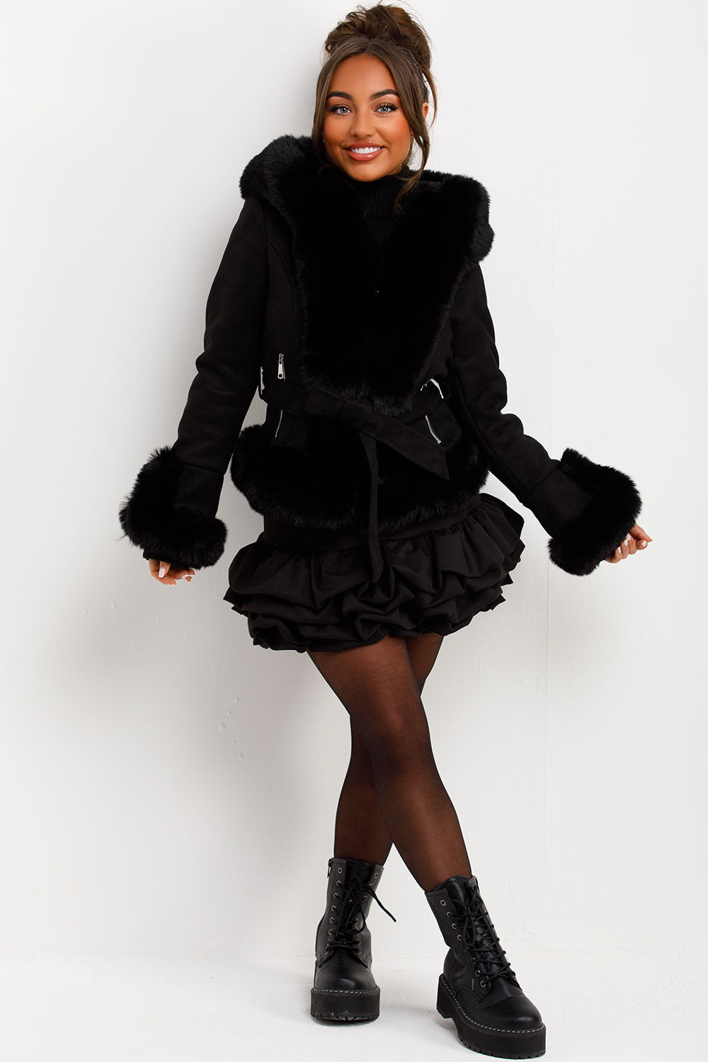 faux fur jacket with hood and belt styledup