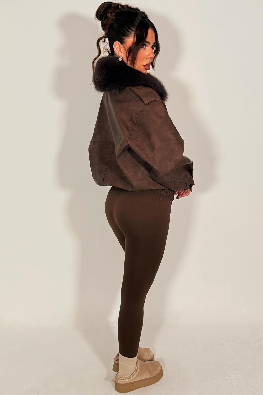 faux suede faux fur winter jacket brown styledup