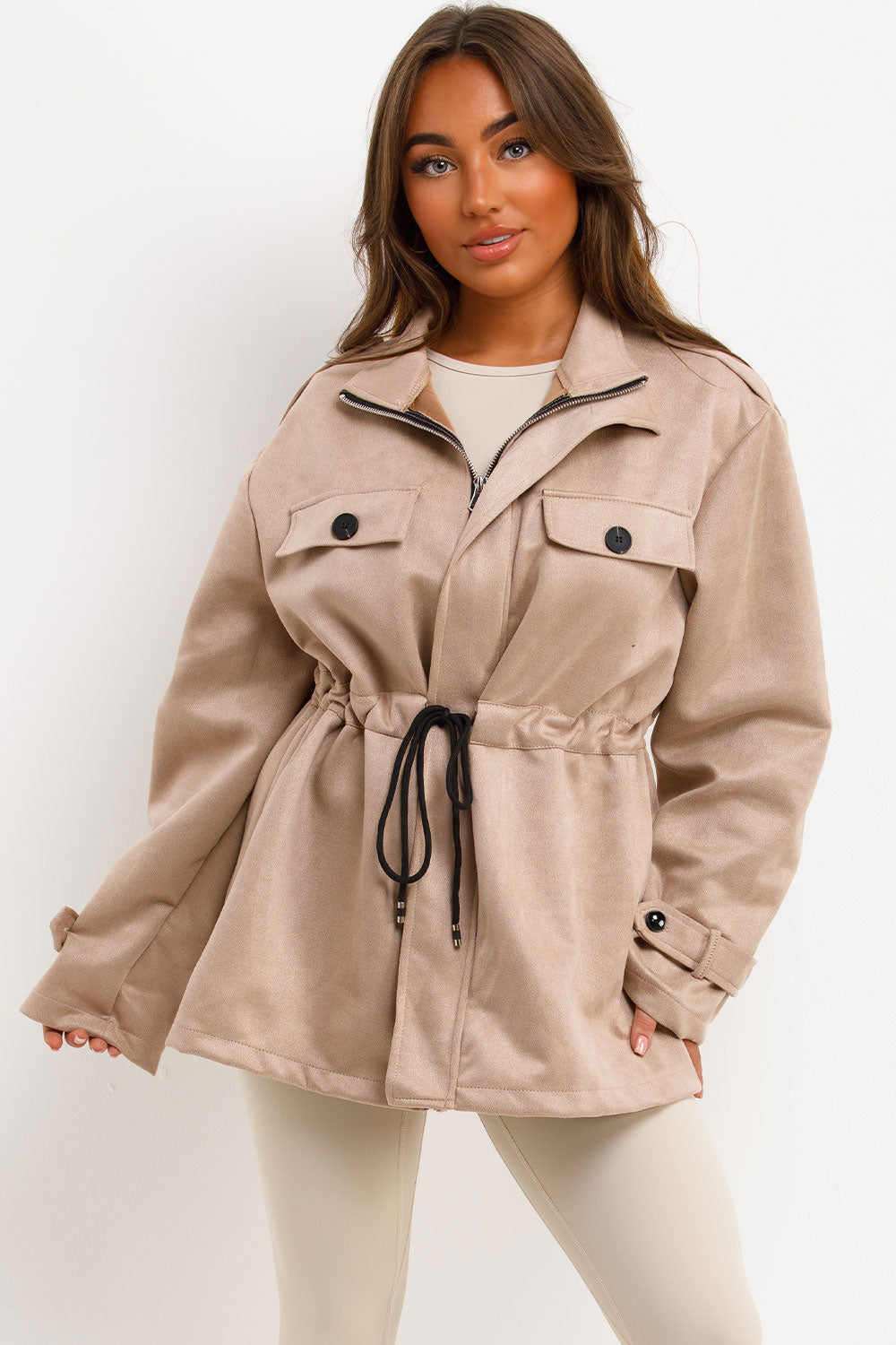 zara womens faux suede jacket with drawstring waist styledup