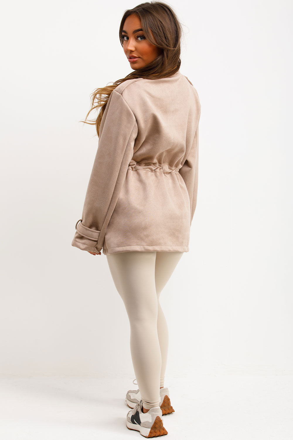 womens faux suede jacket with drawstring waist zara uk