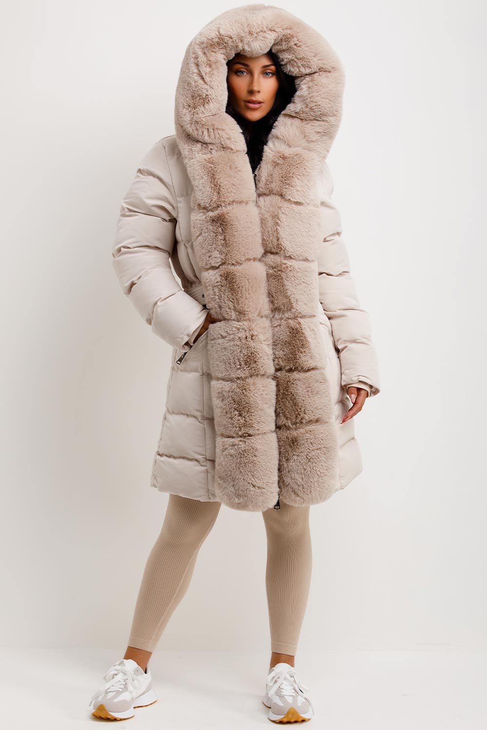 womens beige padded puffer faux fur hooded coat