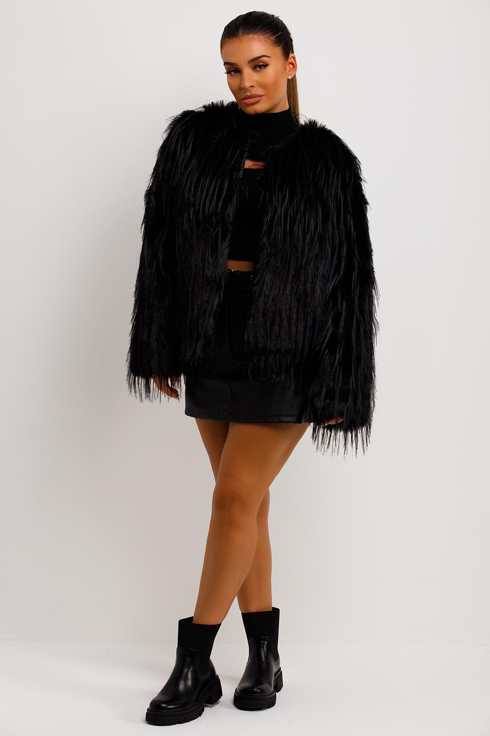 womens black shaggy fur jacket