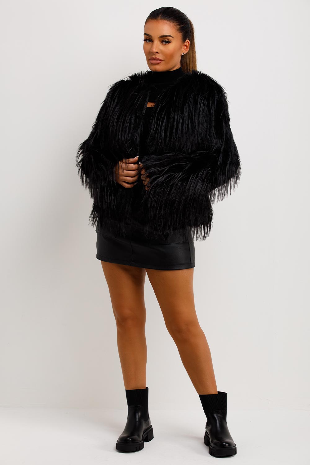 womens short shaggy faux fur jacket