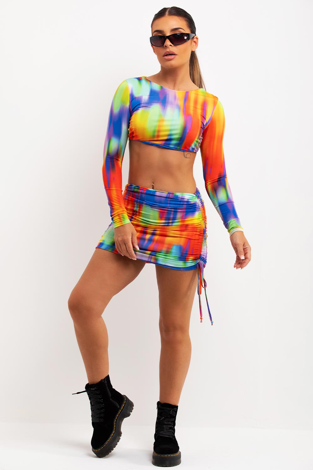ruched mini bodycon skirt and crop top co ord