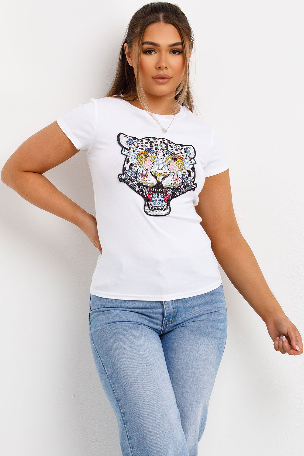 womens white t shirt with diamante detail tiger pearls