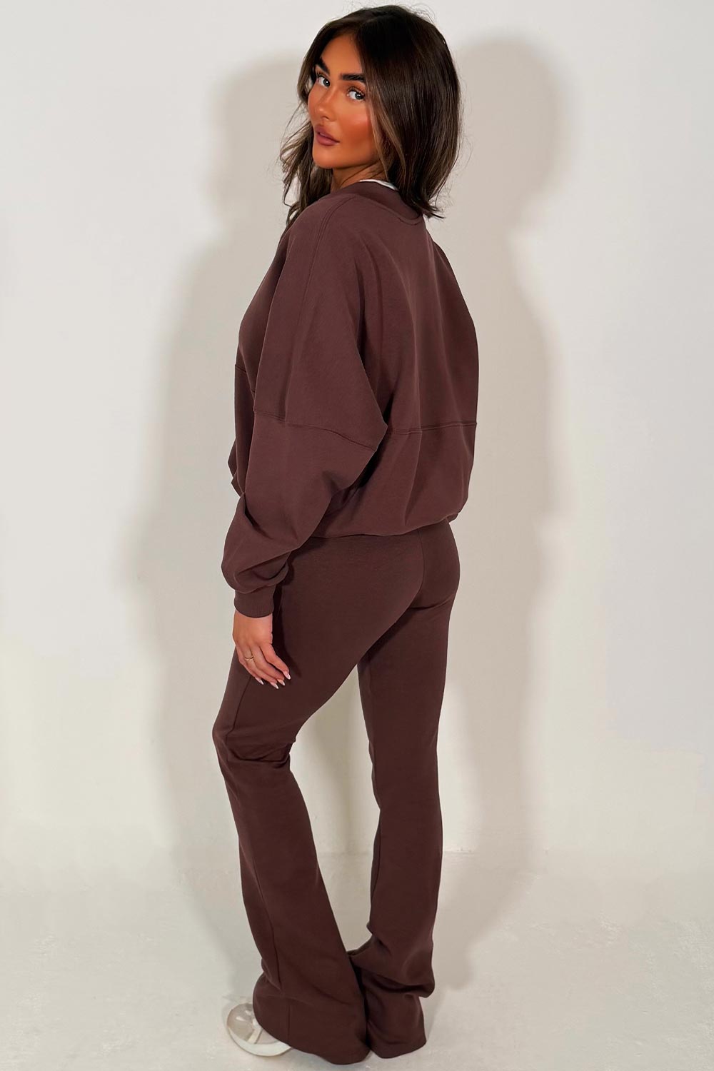 bell bottom flare trouser and bomber sweatshirt with zip tracksuit brown styledup womens