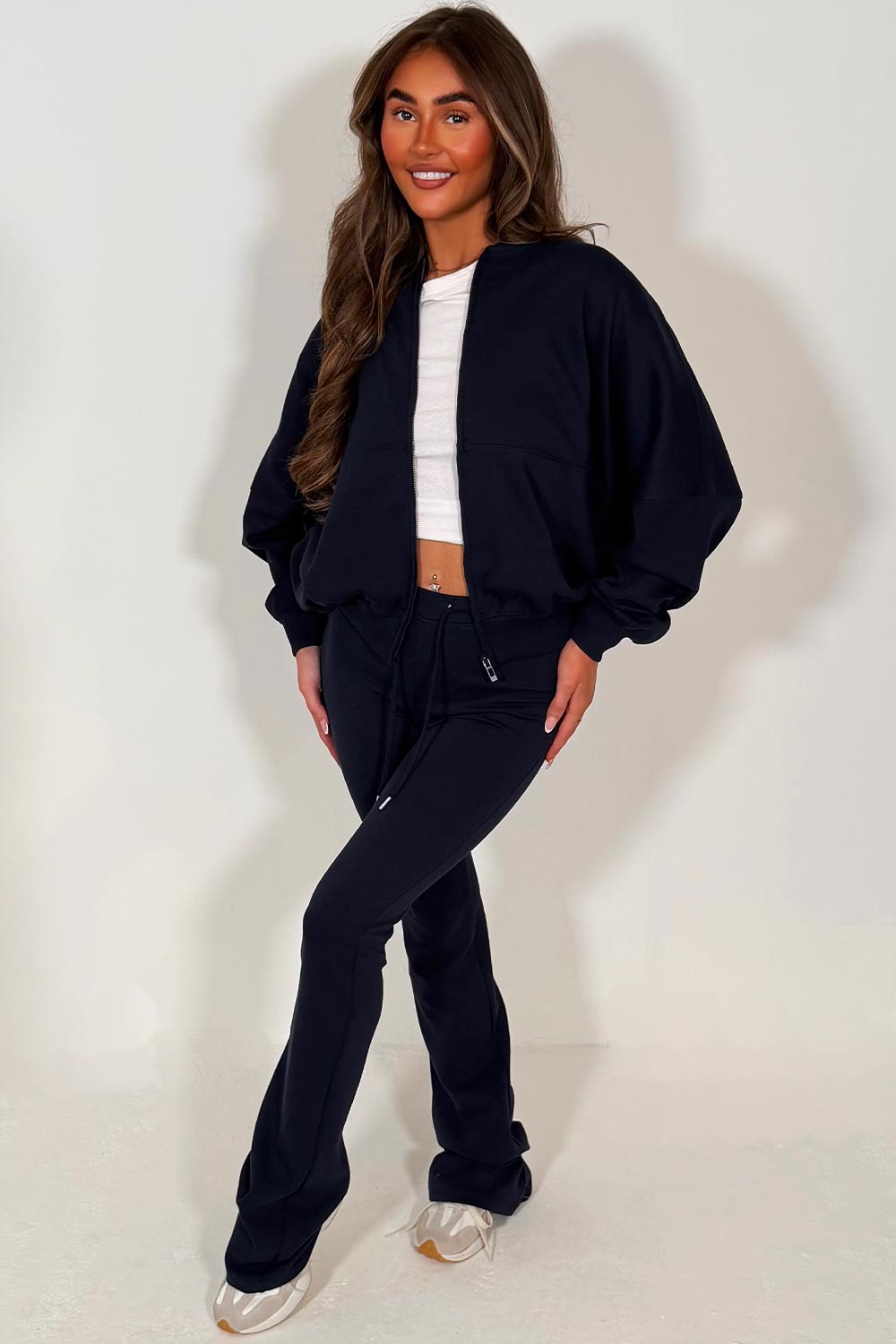 bell bottom flare trouser and bomber sweatshirt with zip tracksuit navy styledup womens