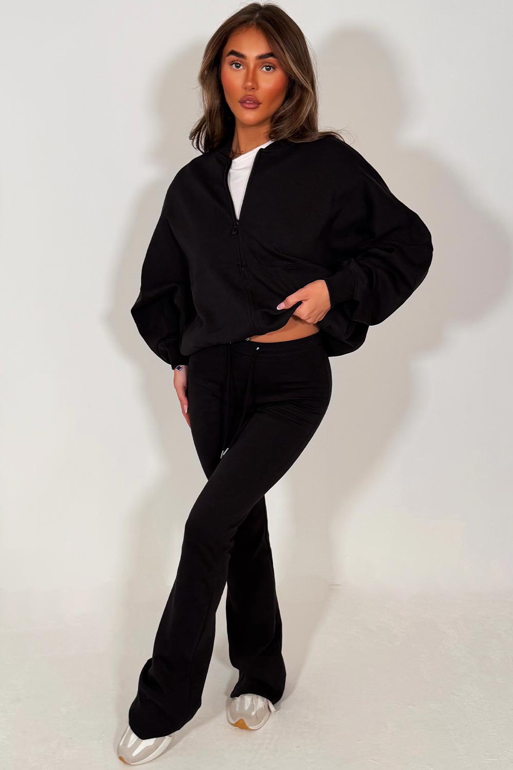 zara womens bomber sweatshirt and flare leg trouser two piece loungewear set black tracksuit styledup